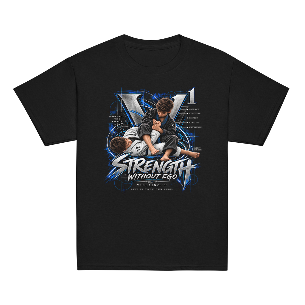 Villainous¹ Strength Without Ego youth BJJ T-shirt featuring two young Brazilian Jiu-Jitsu grapplers with blue, black and metallic V¹ artwork