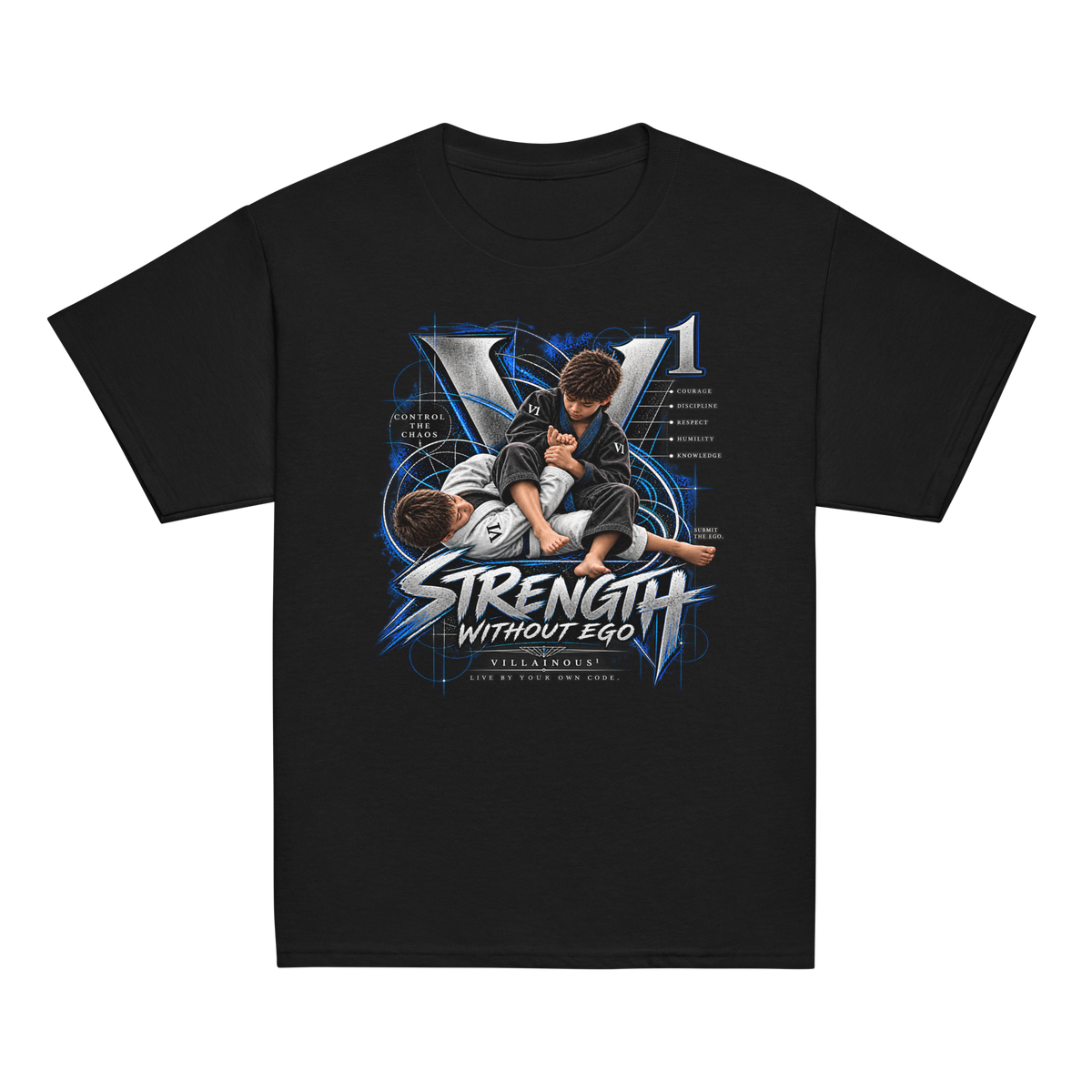 Villainous¹ Strength Without Ego youth BJJ T-shirt featuring two young Brazilian Jiu-Jitsu grapplers with blue, black and metallic V¹ artwork