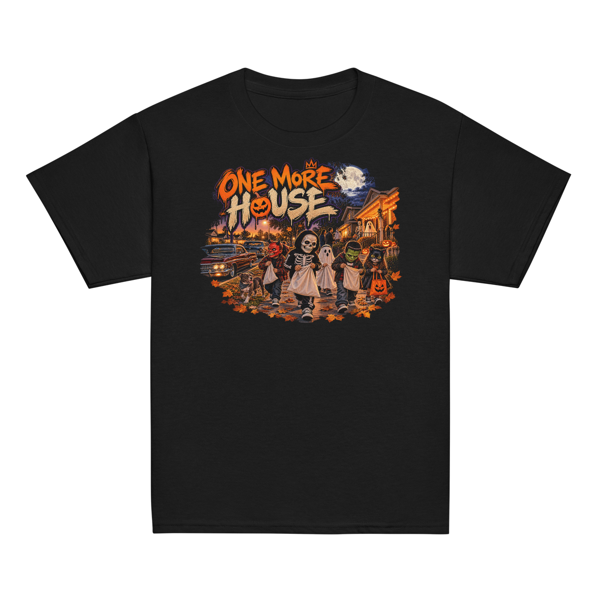 One More House kids Halloween graphic featuring costumed trick-or-treaters with candy bags, pumpkins, vintage cars and a moonlit neighborhood
