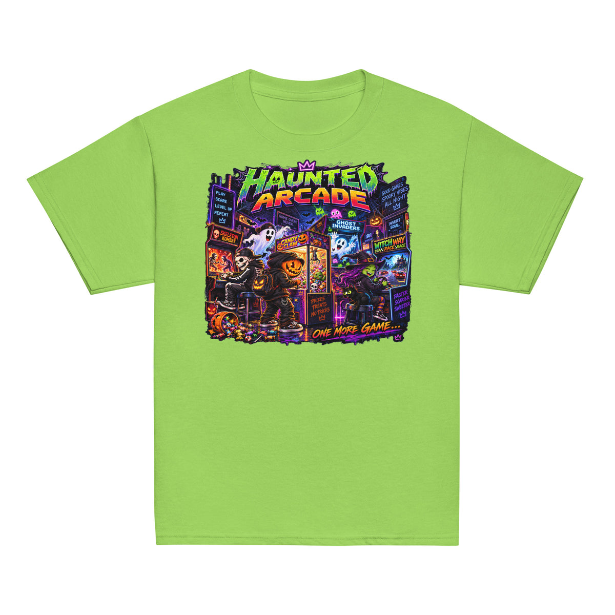 Kids Halloween T-shirt featuring a colorful neon Haunted Arcade monster gaming graphic