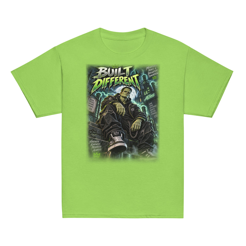 Youth Halloween T-shirt featuring Built Different young Frankenstein monster graphic