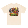 Kids Halloween T-shirt featuring a werewolf and monster friends eating Halloween candy