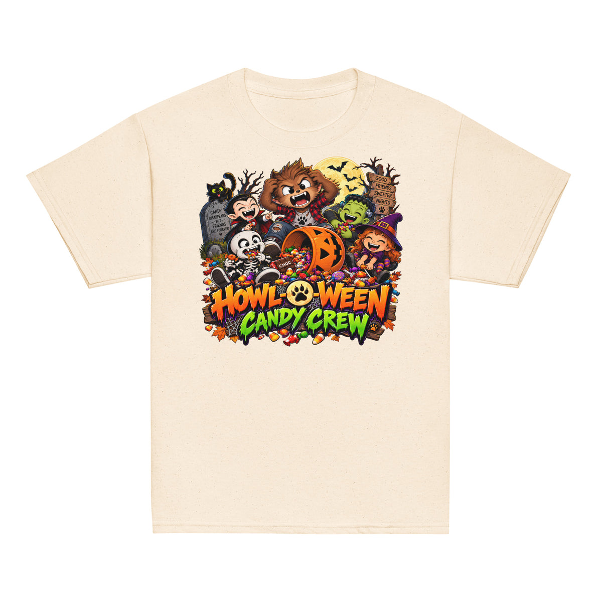 Kids Halloween T-shirt featuring a werewolf and monster friends eating Halloween candy