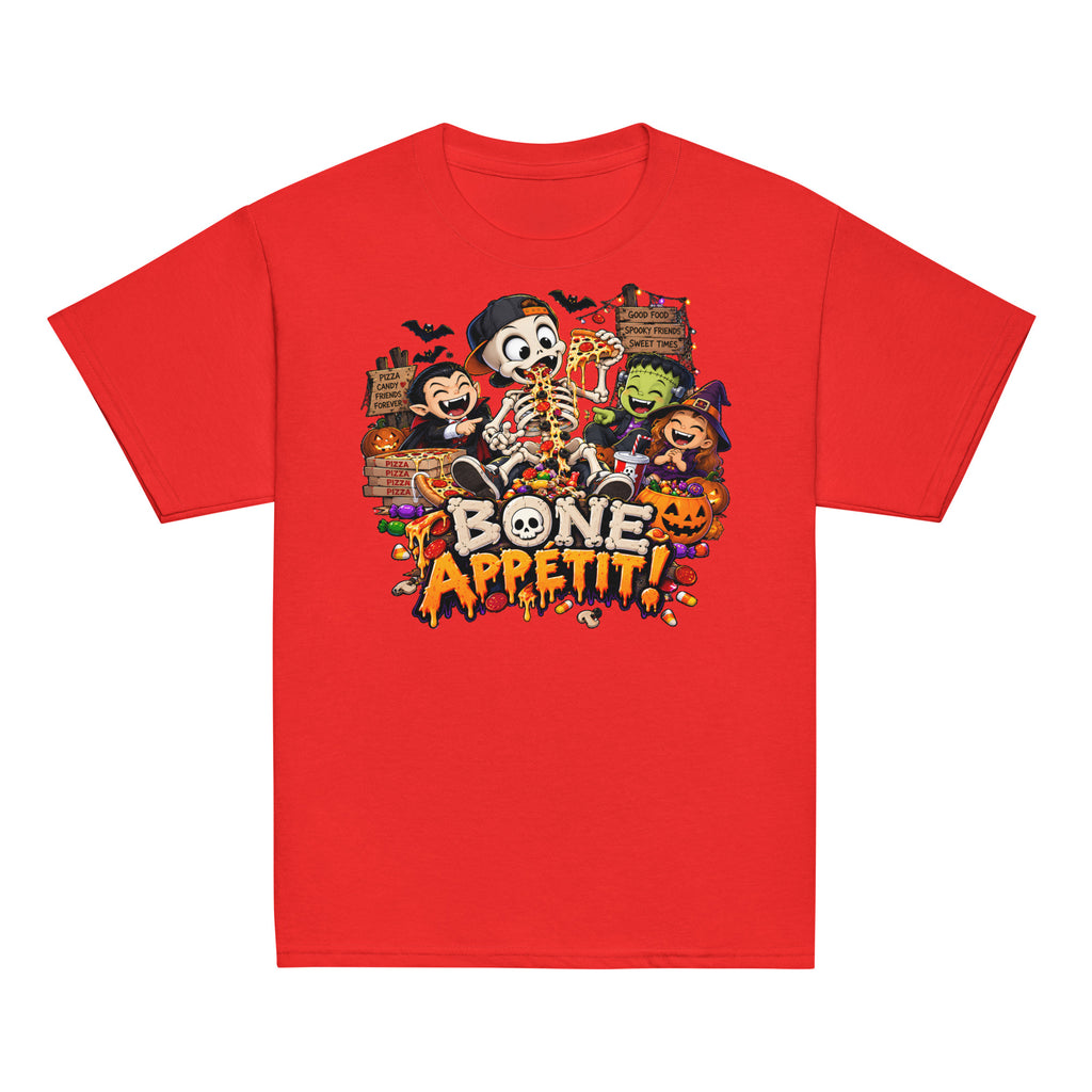 Kids Halloween T-shirt featuring a colorful Bone Appétit skeleton pizza and snack party graphic