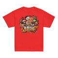 Kids Halloween T-shirt featuring a colorful Bone Appétit skeleton pizza and snack party graphic