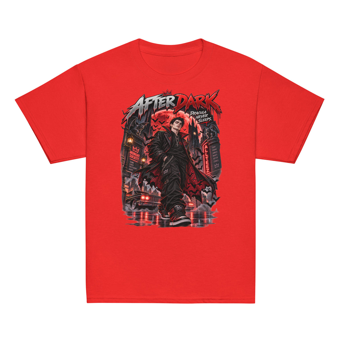 Youth Halloween T-shirt featuring After Dark Dracula Never Sleeps vampire graphic