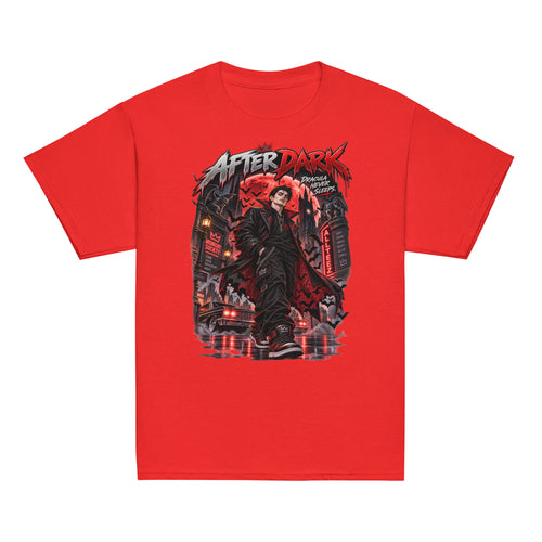 Youth Halloween T-shirt featuring After Dark Dracula Never Sleeps vampire graphic