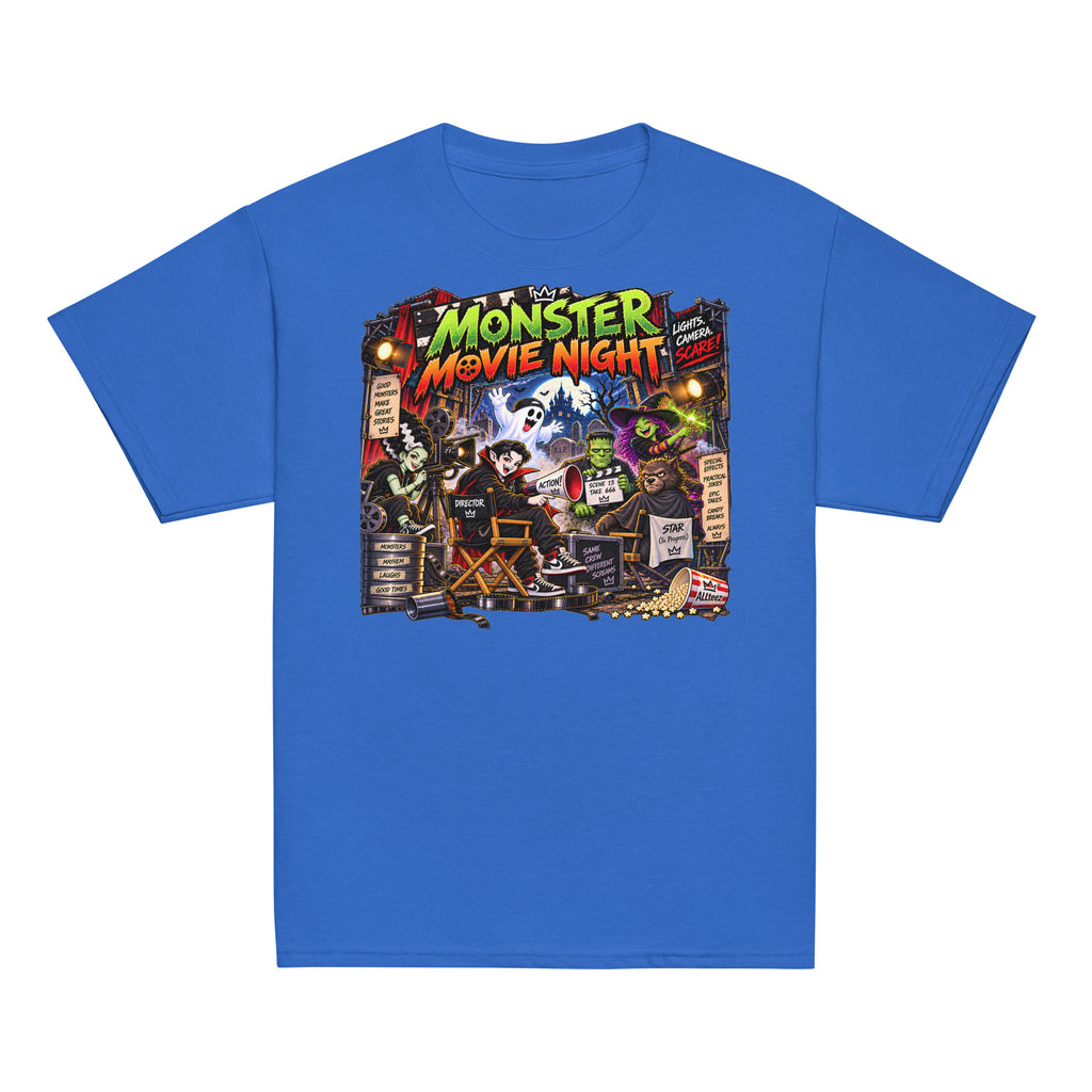 Kids Halloween T-shirt featuring classic monsters filming a spooky Monster Movie Night scene