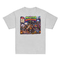 Kids Halloween T-shirt featuring a monster crew hanging around a graffiti-covered vintage van at a moonlit drive-in