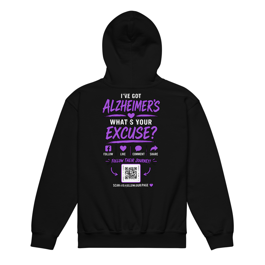Laurie and Todd Alzheimer’s awareness black youth hoodie with Follow Their Journey message and Facebook QR code