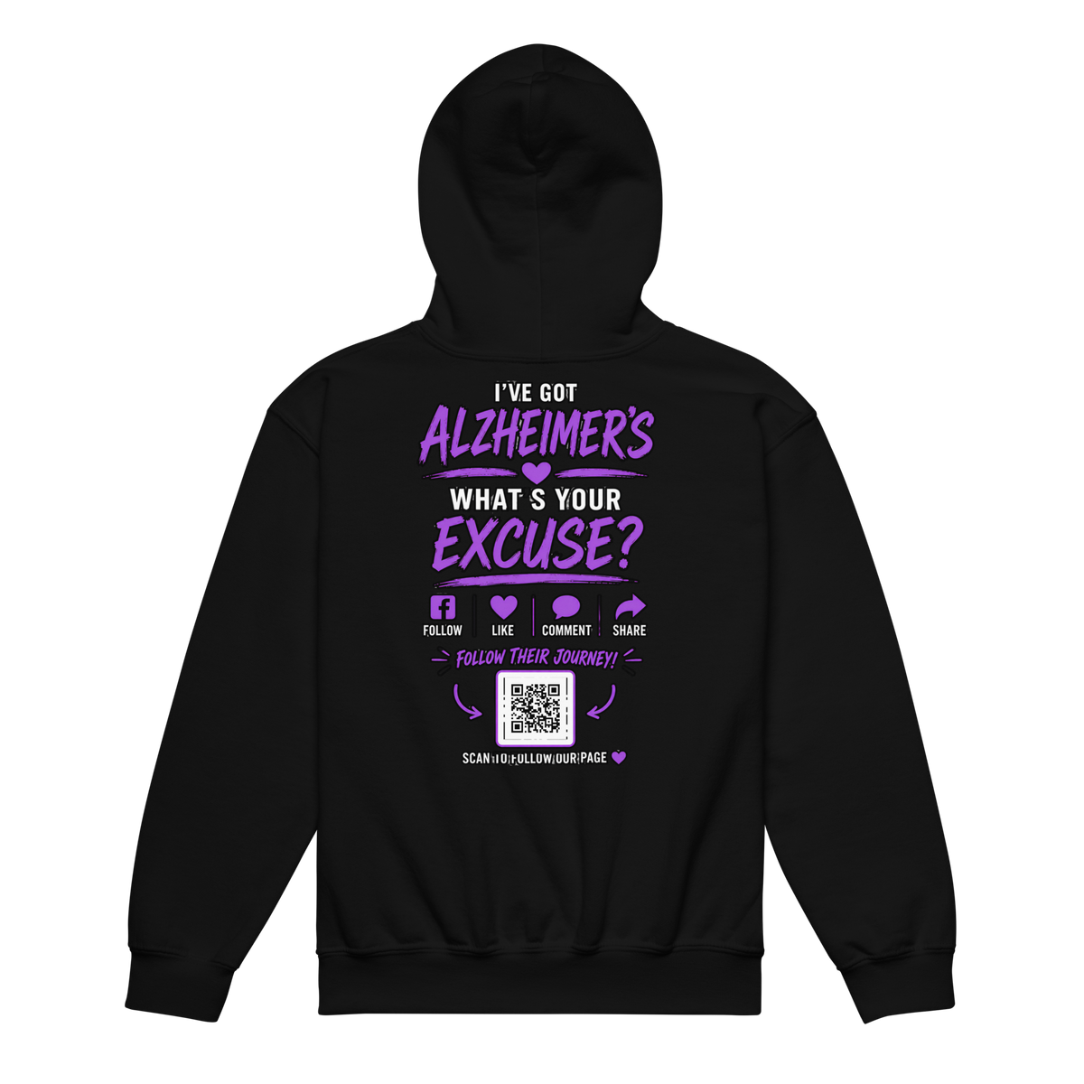 Laurie and Todd Alzheimer’s awareness black youth hoodie with Follow Their Journey message and Facebook QR code