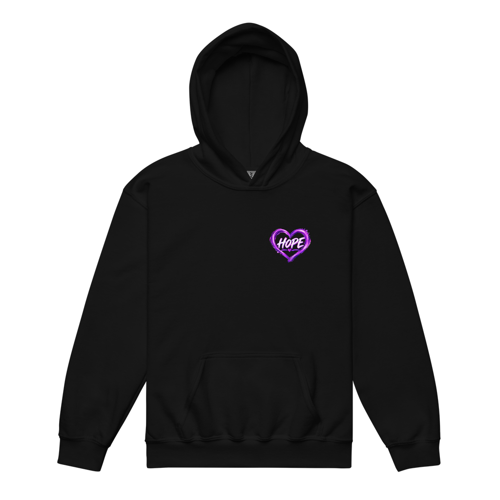 Laurie and Todd Alzheimer’s awareness black youth hoodie with purple HOPE heart left chest graphic