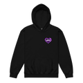 Laurie and Todd Alzheimer’s awareness black youth hoodie with purple HOPE heart left chest graphic