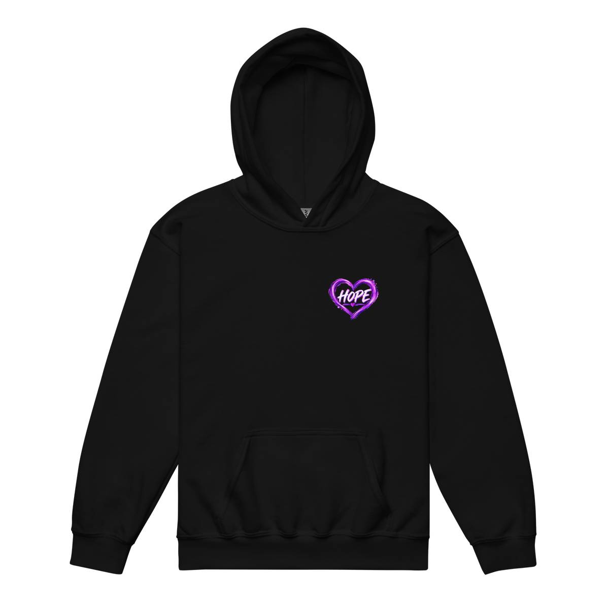 Laurie and Todd Alzheimer’s awareness black youth hoodie with purple HOPE heart left chest graphic